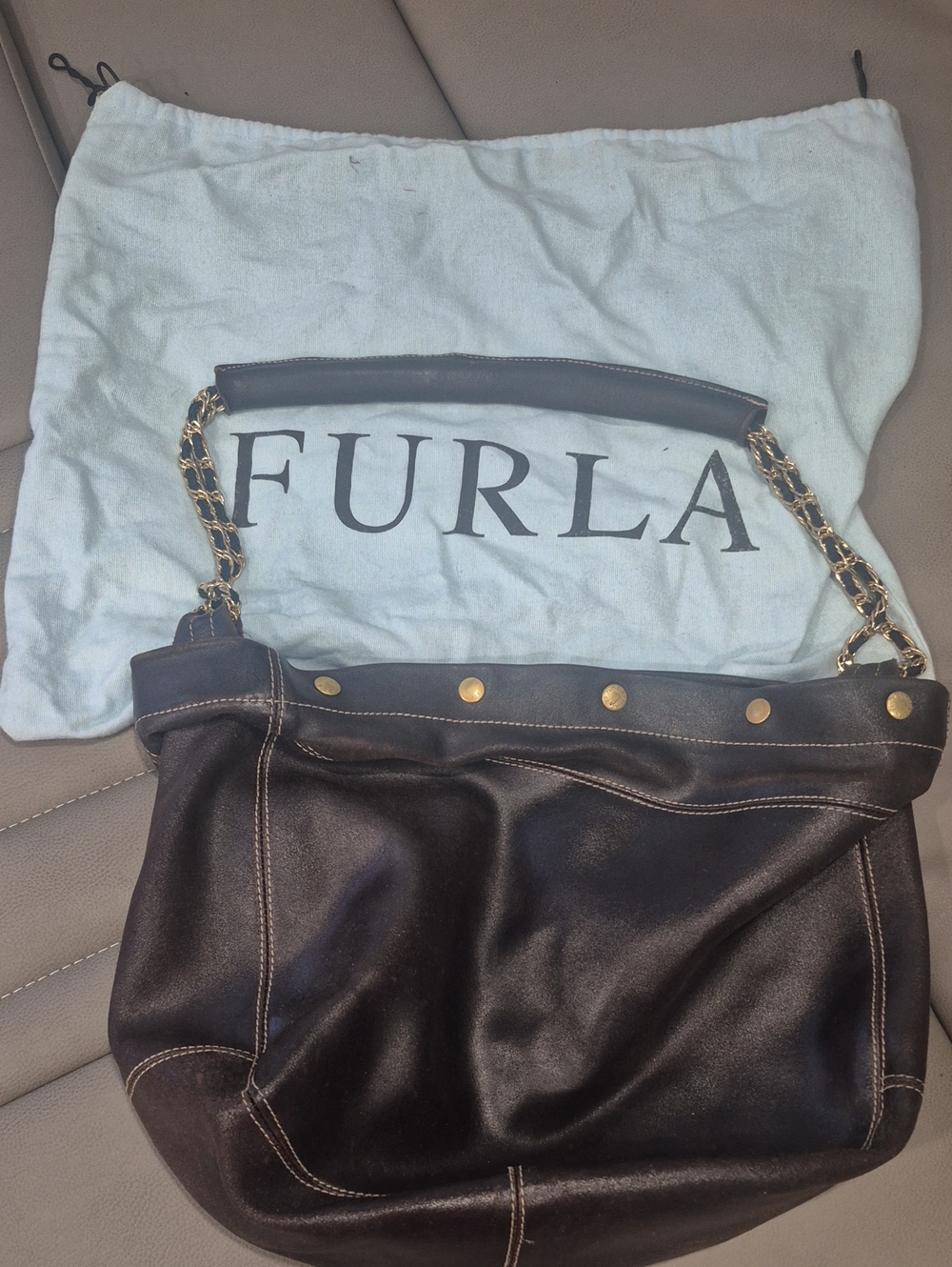 Furla Dark Brown Leather Shoulder Bag with Gold Chain Strap